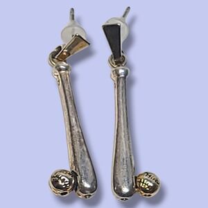 Vintage Dainty Silver Tone Baseball & Bat Dangle Earrings